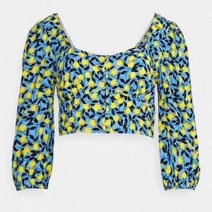 Diane Von Furstenberg Dover Cropped Lemon Print Crepe Top in Blue Size 4 NWT!